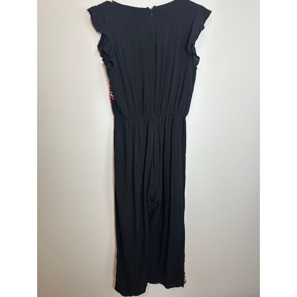 Savanna Jane Embroidered Jumpsuit M Black Floral Boho Wide Leg Flutter Sleeve - Picture 7 of 13